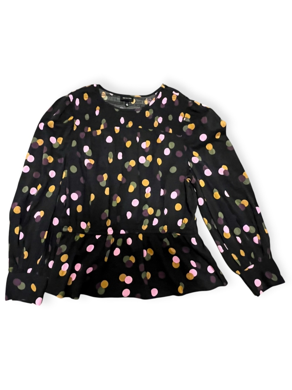 WHO WHAT WEAR Polka Dot Ruffle Blouse Black Size L